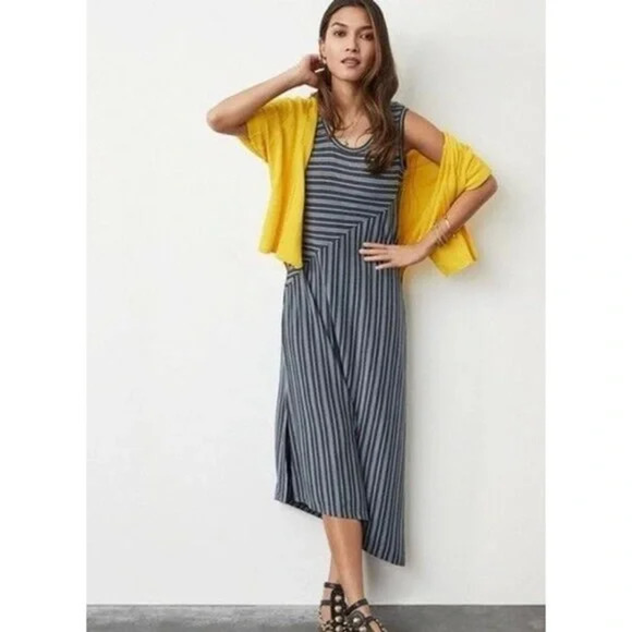 CAbi Dresses & Skirts - CAbi 5796 Midi Dress Small Gray Blue Striped Jersey Sleeveless Asymmetrical Dia